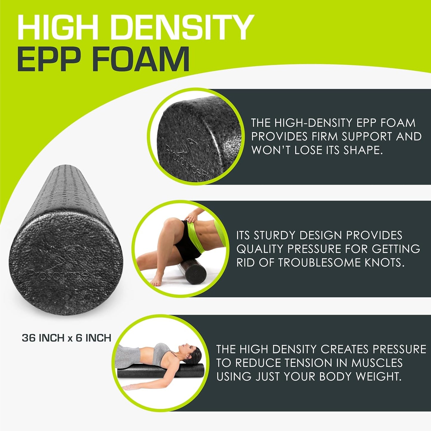 ProsourceFit High Density Foam Rollers 36 - inches Long, Firm Full Body Athletic Massage Tool for Back Stretching, Yoga, Pilates, Post Workout Muscle Recuperation, Black