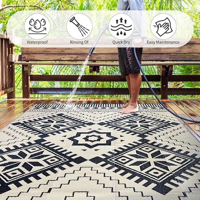 Waterproof Outdoor Rug 6x9ft, Boho Reversible Plastic Straw Mat for Patio RV Deck Porch Backyard Balcony Camping Picnic Beach Indoor Outdoor Carpet, Black&Beige