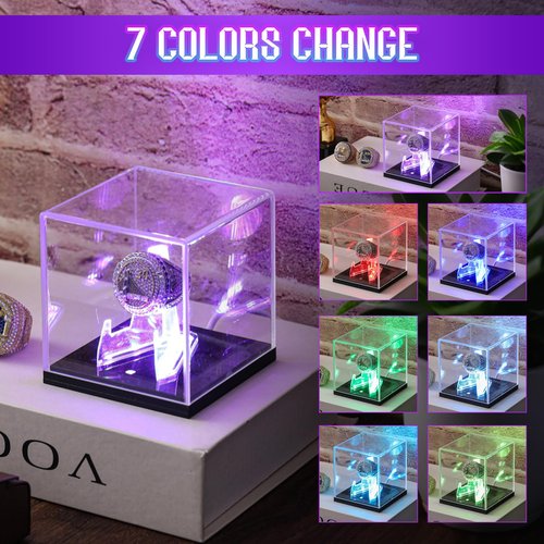 Colingmill Acrylic Championship Ring Display Case with LED Light 7 Color Clear Ring Holder UV Protected Light up Display Box for Sports Basketball Baseball Souvenir Memorabilia Gift