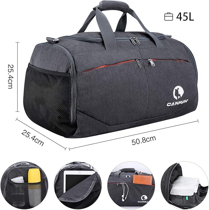 Canway Sports Gym Bag, Travel Duffel bag with Wet Pocket & Shoes Compartment for men women, 45L/40L, Lightweight