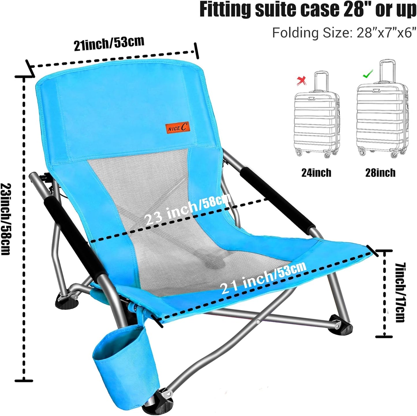 Nice C Adults Low Beach Chair, Sling, Folding, Portable, Concert, Kids, Boat, Sand Chair with Cup Holder & Carry Bag (2 Pack of Blue)