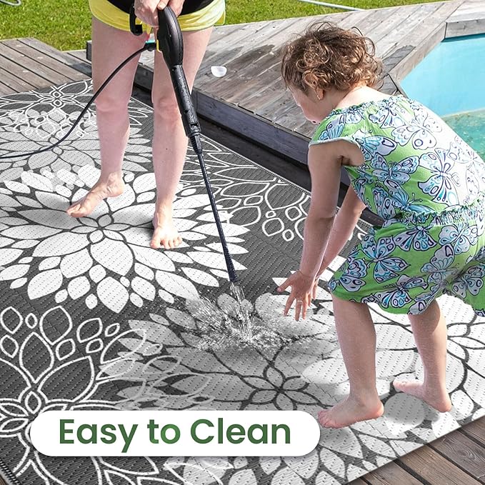 LuxStep Outdoor Rug Waterproof Outdoor Plastic Straw Rug Reversible Patio Rug Mat Outdoor Decor Large Area Mats for RV, Picnic, Backyard, Deck, Balcony, Porch, Beach, Camping, 6'x 9',Grey