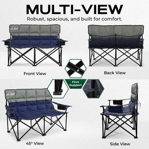 ZENTA GEAR Oversized Fully Padded Double Camping Chair, Portable Folding Loveseat w/Side & Back Pockets, Adjustable Armrests, Double-Sized Cup Holders for Outdoor, Indoor, Supports 530LBS (Dark Navy)