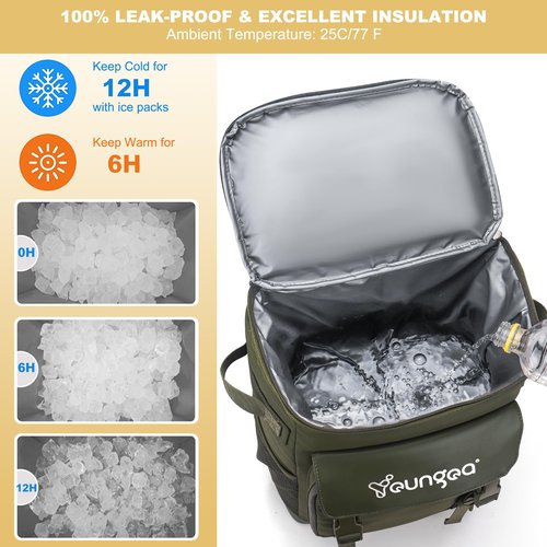 YOUNGOA Waterproof Insulated Cooler Backpack for Men, Leak Proof Insulated Backpack Cooler for Beach, Camping, Outdoor, 30L, Green