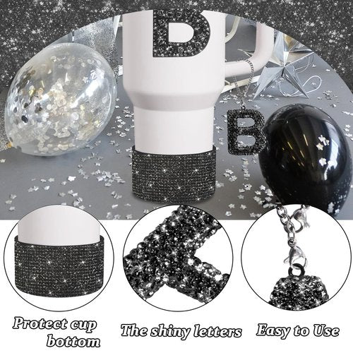 XIANGYUAN Water Bottle Accessories Set for Stanley Cup,Accessories Charms for Stanley Cup Including,Decorations for Tumbler Cup 30/40OZ,Glitter Silicone Boot with Bow Straw Cover (Black Diamond B)