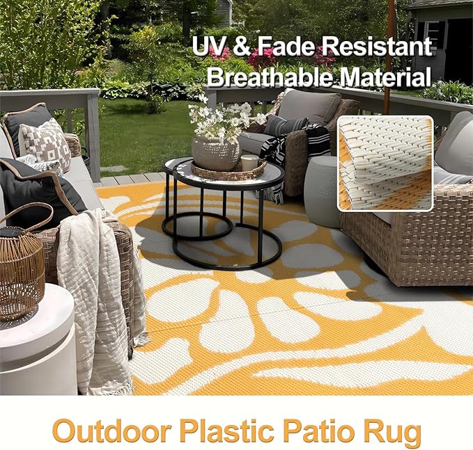 Wonnitar 6x9 Outdoor Rug Waterproof, Reversible Plastic Straw RV Rugs for Camping Outside, Large Portable RV Outdoor Mat Orange Abstract Flower Tent Rug for Camping Garden Picnic (Orange, 6'x9')