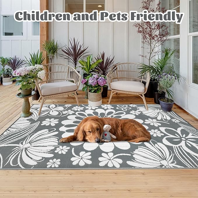 Ileading Outdoor Plastic Straw Rug 6x9ft Funny Floral Style Reversible Patio Area Rugs Waterproof Non Shedding Portable Carpets for Rv Outside Deck Pool Beach Picnic Camping (Grey)