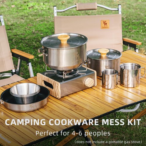 Qunature Camping Cookware Set 11PCS 304 Stainless Steel Campfire Cooking Pots Pan and Bowls Cups with Travel Tote Bag for Outdoor Kitchen Cooking Picnic