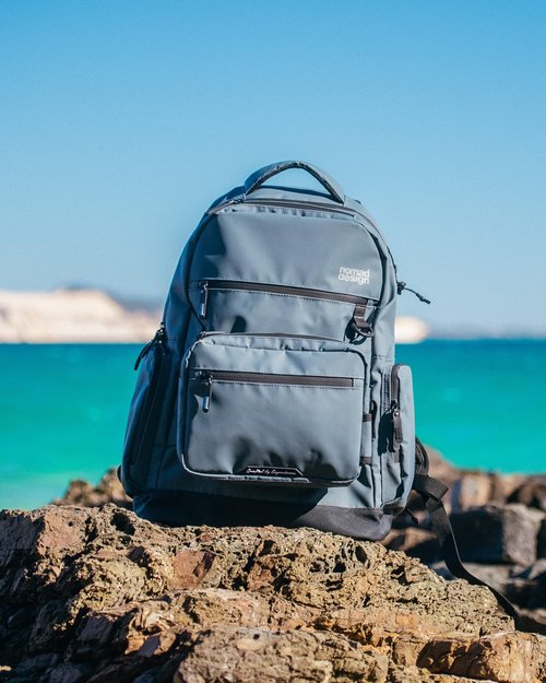 Nomad Design Fisherman's Backpack, 33L Capacity, Water Resistant, EVA Foam Backing, Detachable Front Pocket, Plier Holster, Blue Lining