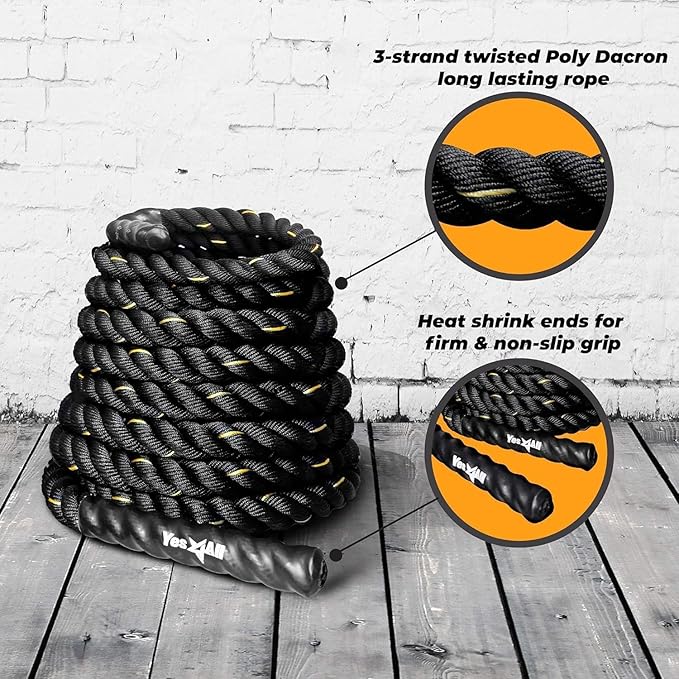 Yes4All 1.5/2 Inch Battle Ropes with Extra Protective Sleeve, Workout Ropes for Cross-Training Home Gym & Fitness Exercises, Strength Training - 30,40,50 Feet Lengths Available