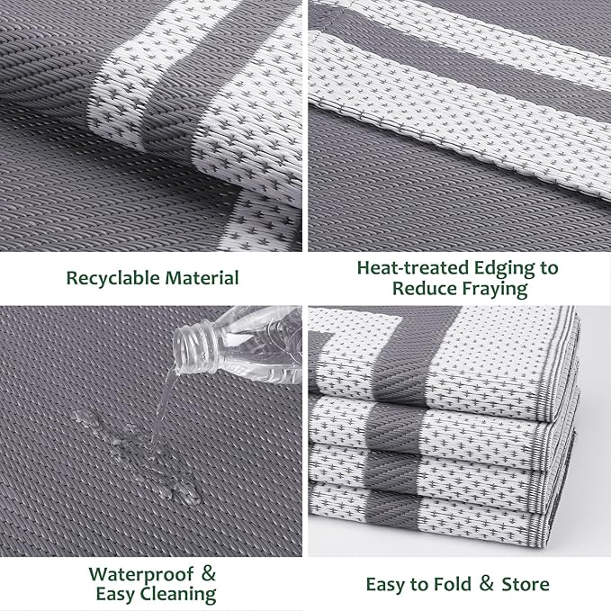 HappyTrends,Outdoor Rug,Patio Rug,Reversible Portable Outdoor Plastic Straw Rug,Camping Rugs for Outside RV,Large Waterproof Area Rugs for Patio,Deck,Picnic,Porch,Balcony(4'x 6',White&Gray)