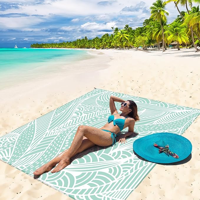 Beach Blanket Waterproof Sandproof Beach Mat 79”x 83” for 1-4 Adults Quick Drying Durable Outdoor Picnic Mat for Beach Festival Travel Camping Hiking (LBL-Ripple, 120"×108"(8 Person))
