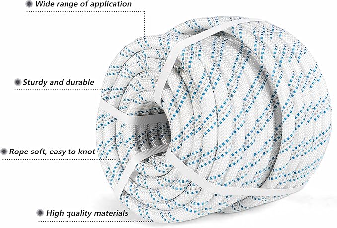 High Strength Braid Rope Pulling Cord Polyester Arborist Line Multipurpose Bull Rigging 5/8 Inch x 150 Feet White Grey Blue