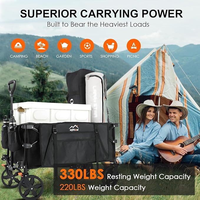 140L Collapsible Wagon Cart Foldable, Folding Utility Grocery Cart with Side Pocket and Brakes for Shopping, Sports, Camping and Garden, Black