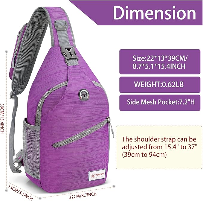 ZOMAKE Sling Bag for Women Men, Small Crossbody Sling Backpack, Mini Water Resistant Shoulder Daypack for Travel, Anti Thief Chest Bag for Hiking, Sports, Purple(Stripe)
