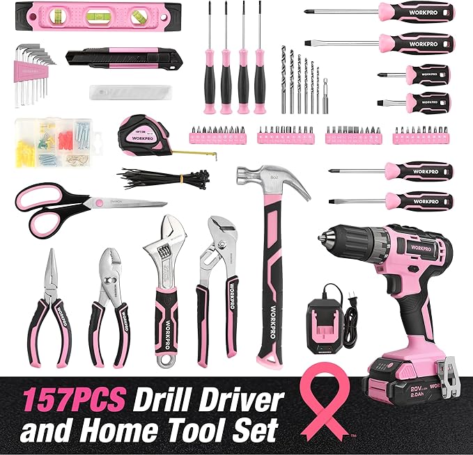 WORKPRO Pink Household Tool Kit with Drill, 157PCS Tool Set with 20V Cordless Lithium-ion Drill Driver, Home Tool Kit for All Purpose, Power Drill Sets with Pink Tool Bag - Pink Ribbon