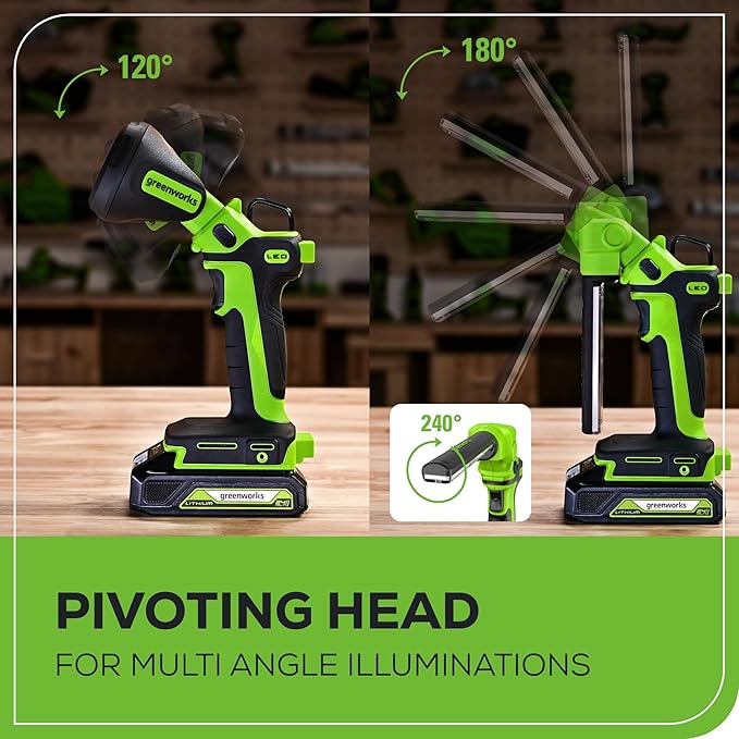 Greenworks 24V 2-in-1 Work Light, Dual Function, (2) Interchangeable Light Heads, 650 Lumen LED, Tool Only