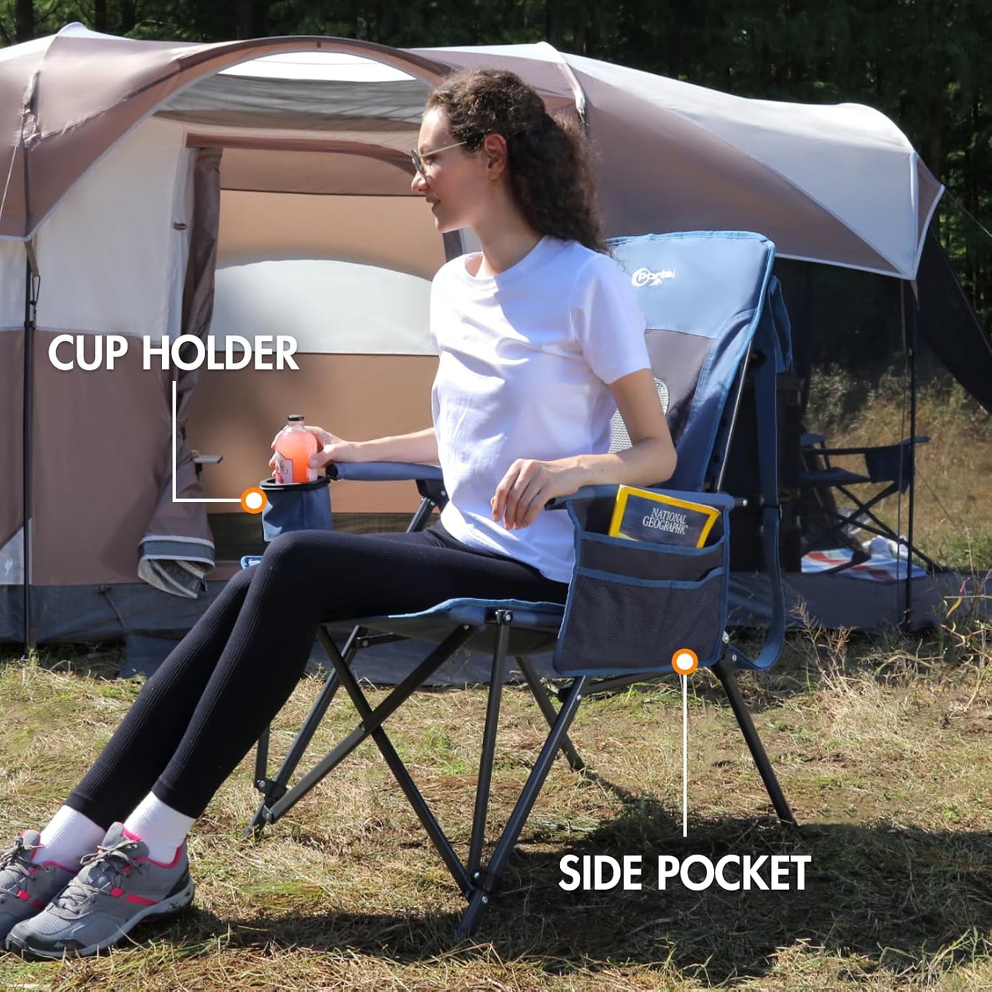 PORTAL Oversized Folding Camping Chair High Back Portable Lawn Chairs for Adults Outdoor Sports with Hard Armrest Cup Holder，Supports 400LBS Black