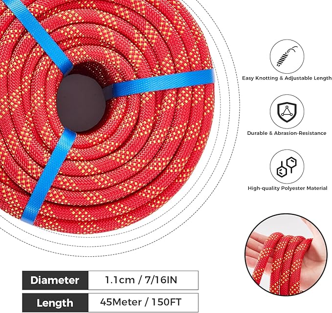 7/16 Inch 150ft Double Braided Polyester Arborist Rope, Heavy Duty Nylon Rope for Anchor, Tree Work, Cargo, Pulling, Sailing(Red)