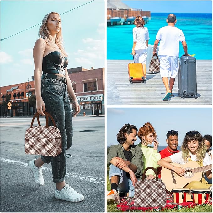 Lunch Bag Lunch Box for Women Men Reusable Insulated Cooler Lunch Tote Bags, Leakproof Cute LunchBag Large Capacity for Work Travel Picnic,Brown Grid