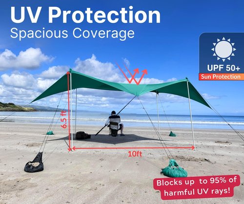 Wing Shade Beach Tent Sun Shelter - Large Portable 10x10 Pop Up Beach Canopy, Easy Setup on Grass or Sand with 4 Poles, 8 sandbags - for Outdoor Picnic, Beach Shade. Wind sail & Beach Umbrella