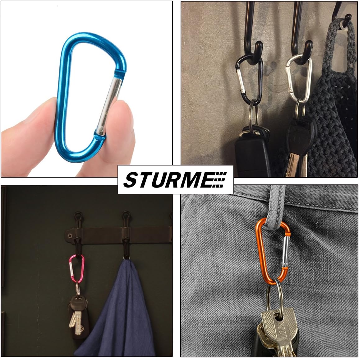 STURME 2" Aluminum D Ring Carabiners Clip D Shape Spring Loaded Gate Small Keychain Carabiner Clip Set Outdoor Camping Mini Lock Snap Hooks Spring Link Key Chain Durable Improved 24 PCS