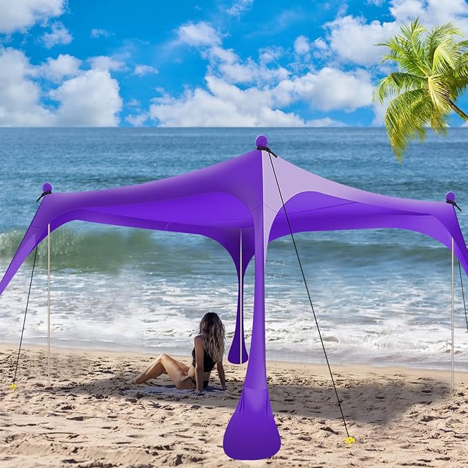 Buheco Beach Tent Pop Up Shade 7x7.5ft Beach Canopy Sun Shelter UPF50+ with 4 Foldable Poles Portable Carrying Bag Sand Shovel Ground Pegs Windproof Ropes for Outdoor Family Camping Fishing Picnic
