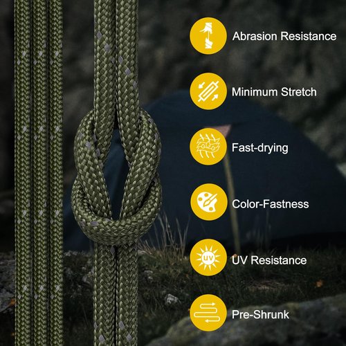 Thadavo Reflective Paracord Rope 850Ib, 50/100/200/500/1000ft 4MM 11 Strand Parachute Cords, Tactical Paracord String for Camping, Fishing, Clothesline, Hammock, Tent, Bracelet, Army Green 100FT