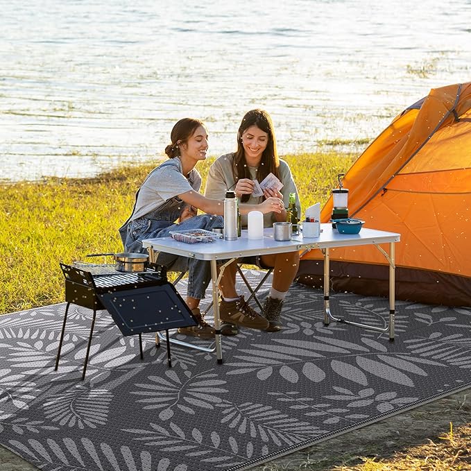 Outdoor Rug, Patio Rug, Plastic Straw Camping Rugs, Large Waterproof Area Rug and Mat for Outdoors, RV, Patio, Backyard, Deck, Porch, Beach, Balcony, (5'x 8', White&Gray)