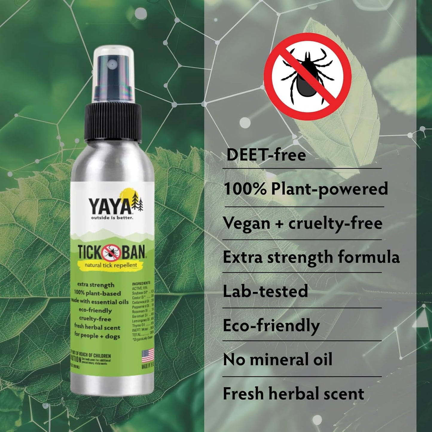 Yaya Organics Tick Ban | Extra Strength Tick Repellent Made with Essential Oils and All Natural, DEET Free Ingredients | Proven Effective, Safe for Adults, Kids and Dogs | 4 Ounce 2 Pack