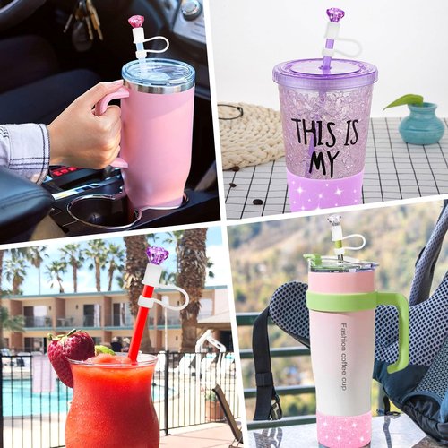 Etyishe Cup Accessories Set for Cup, Including 3 Pcs Glitter Silicone Boot, 3 Pcs Diamond Straw Cover for Cup Accessories, Compatible with Cup 30&40 Oz Tumblers (Pink White Purple)