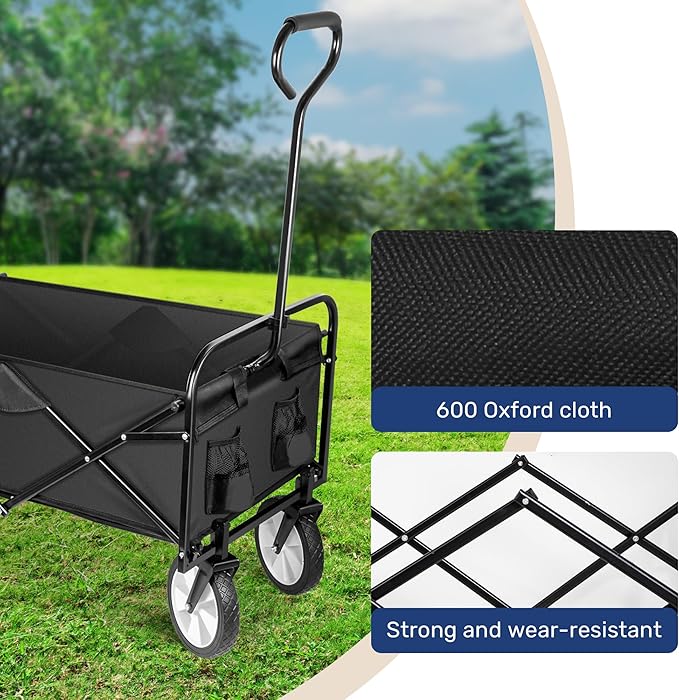 YSSOA Folding Garden Cart PRO, Collapsible Wagon with 360 Degree Swivel Wheels & Adjustable Handle, Black, 220lbs Weight Capacity