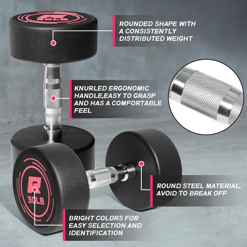 RitFit 5-200 LBS PVC Coated Pink Round Dumbbells Set with Optional Rack and Non-Slip Handle for Home Gym Strength Training and Fitness,5LB