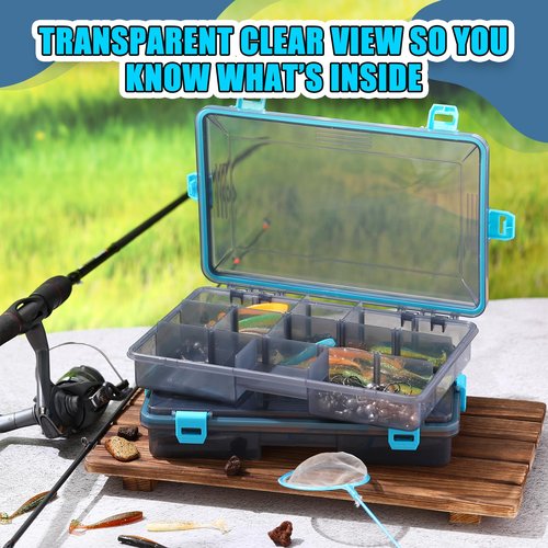 Wonderjune Fishing Tackle Boxes Waterproof 3600 Tackle Trays with Removable Dividers Plastic Storage Organizer Bait Vault Camouflage Box for Freshwater Saltwater (Blue)