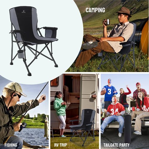 QAOYAL Camping Chairs for Adults, Heavy Duty Support 300 LBS Lawn Folding Chairs with Side Pocket & Cup Holder, for Camping, Fishing, Sports Event (Black&Grey)
