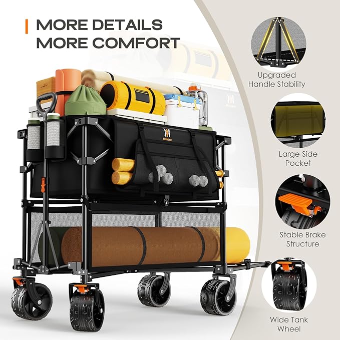 Navatiee 400L Double Decker Wagon Collapsible, 485LB Weight Capacity Heavy Duty Foldable Large Beach Wagon with Big All-Terrain Wheels, Folding Utility Cart for Sports, Camping, Outdoor, Black