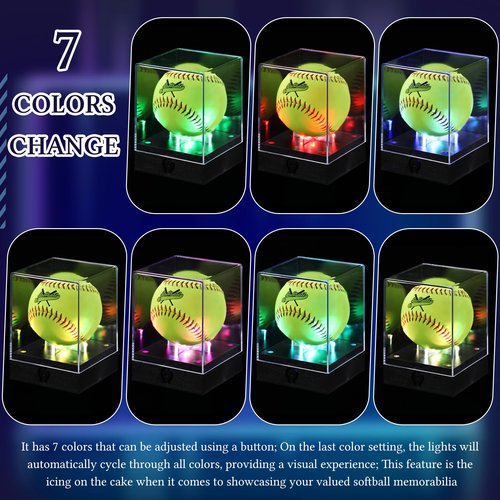 Colingmill 1 Pcs Softball Display Case with LED Light, Acrylic Light up Softball Display Case, UV Protected Clear Baseball Holder Cube for Memorabilia Fit 12'' Ball Baseball Golf Storage