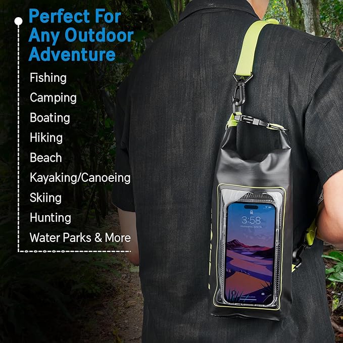 Pelican Marine IP68 Waterproof Dry Bag 2L - Roll Top Waterproof Backpack w/ Phone Case/Pouch - Boating & Kayak Accessories - Essentials for Camping Swimming Beach Fishing Rafting Travel - Black/Yellow