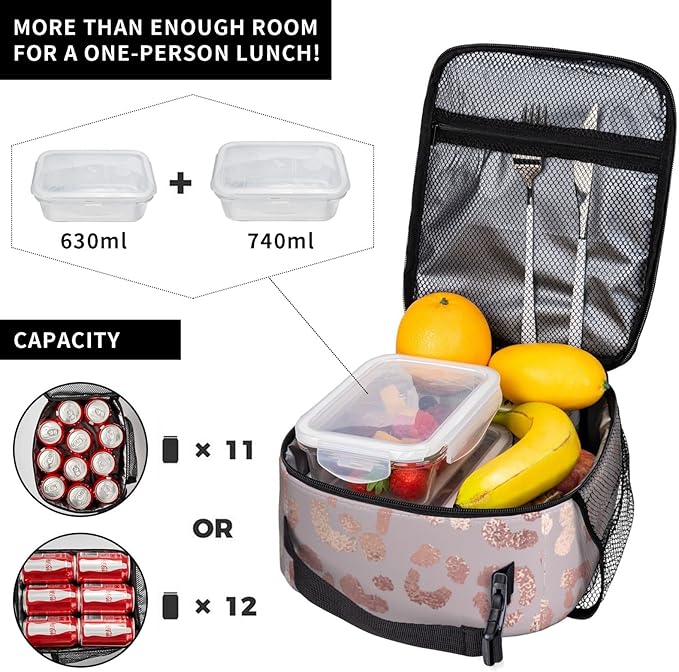 Rose Gold Leopard Lunch Box Reusable Insulated Lunch Bag Thermal Cooler Tote For Boys Girls Teen School Men Women Picnic Travel Hiking