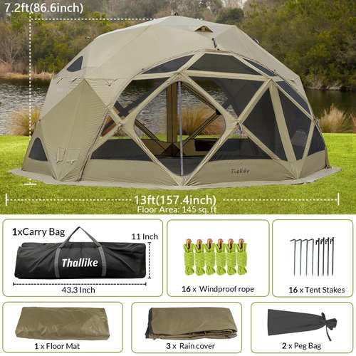 Thallike 8/10/12 Person Gazebo, Large Pop Up Hub Tent for Camping, 60 Second Set Up Tent Canopy Shelter Camping Shelter 145 sq. ft. Khaki