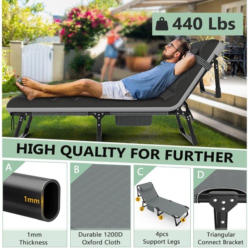 Slendor Folding Camping Cot for Adults, 5 Positions Adjustable Outdoor Bed, Lounge Chair, 1200D Layer Oxford Travel Cot With Mattress, Storage Bag, Black W/Gray Pad