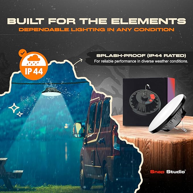Portable LED Hanging Tent Lights for Camping - Splash Proof IP44 Rated Solar Camping Light Rechargeable - ABS Water Resistant Canopy Lights Outdoor - Chrome Hook for Hanging Downlight - Pack 1