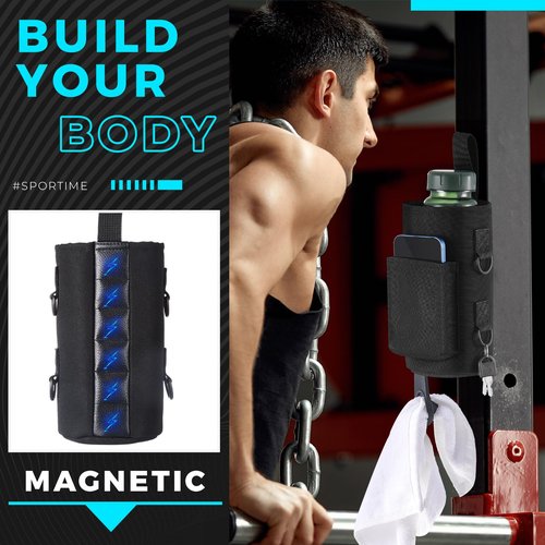 Domensi Magnetic Gym Bag Water Bottle Holder Carrier Bag Pouch Sleeve with Phone Pocket Silicone Towel Buckle and Sling for Gym Accessories Organizer, Gift for Fitness Lover(Black)