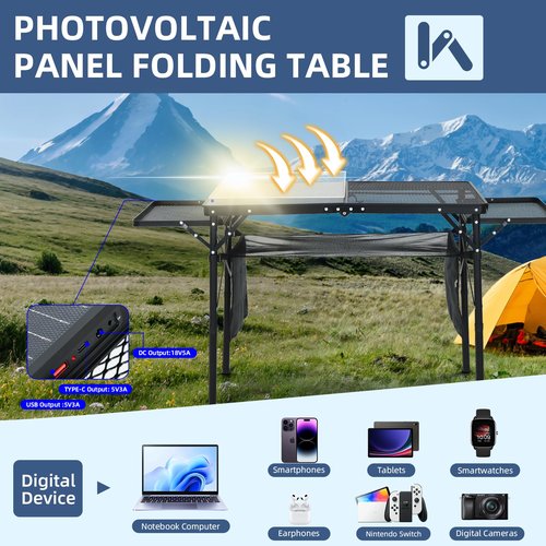 CDEN Camping Table, Grill Table, Folding Outdoor Table with Charging Station, Solar Panel, USB Type-C DC outlets, for Phone provided, 42W Output, 2 Side Shelves, mesh net, Cup Holder
