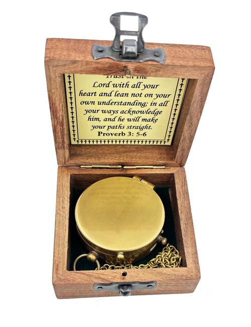 LEITH CAMINDS Trust in The Lord Engraved Compass with Wooden Box, Brass Antique Compass for Hiking, Camping, Religious Gifts Men Women Catholic, Graduation Gift- Inside Engraved, Bronze
