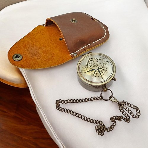 Morcomart Brass Compass with case Elegant Design Mountain Camping Pocket Compass with Chain