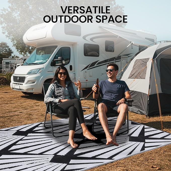 Outdoor Rug for Patio, 6x9 Ft Reversible Outdoor Plastic Straw Rug Waterproof Foldable Camping Mat with Uv Protection, Quick-Dry Straw Patio Carpet for Deck Rv Porch Backyard - Black & White