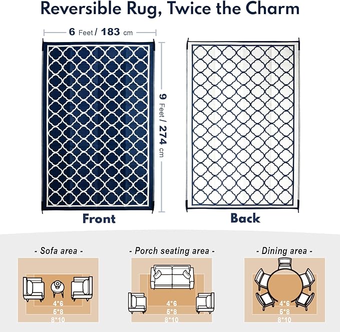 Waterproof Outdoor Rug 6x9 ft, Reversible Plastic Straw Rug, Easy to Clean Patio Rug, Portable Carpet for Patio, RV, Deck, Balcony, Backyard, Picnic, Beach, Clover, Navy Blue
