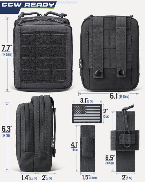 WYNEX Molle Admin Pistol Pouch for Concealed Carry, Tactical EDC Belt Pouch Gun Bag Utility Tool EMT Organizer Pouch Medical CCW with Universal Pistol/Elastic Holster