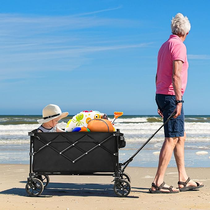 YITAHOME Collapsible Foldable Wagon, 183L Capacity Heavy Duty Utility Wagons Carts with Big Wheels and Brakes Portable for Outdoor Sand Beach Shopping Camping Garden Lounge Grocery Cart Stroller Wagon